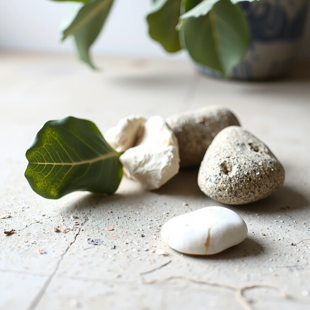 Textur aus getrockneten Eukalyptusblättern und Steinen